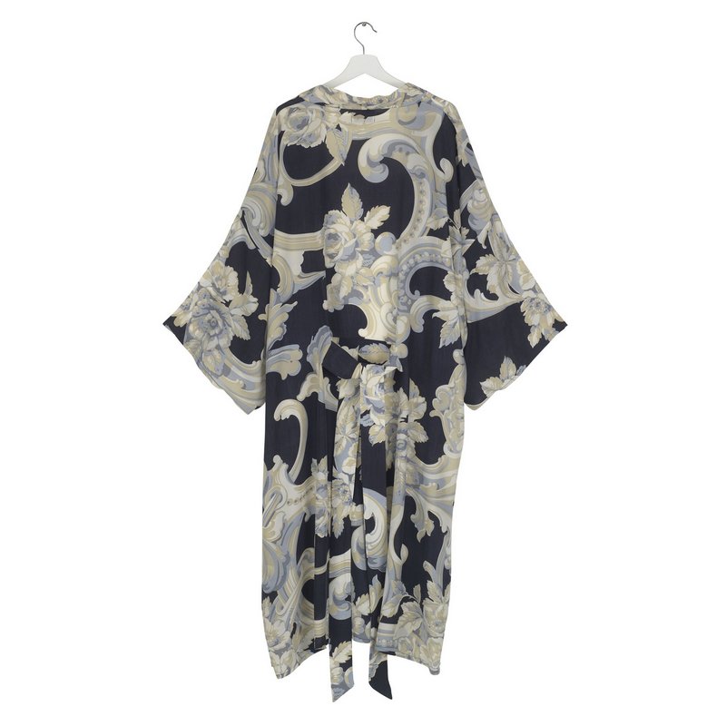 One Hundred Stars Marianne North Plaster Roses Midnight Crepe Long Kimono back