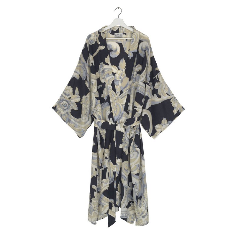 One Hundred Stars Marianne North Plaster Roses Midnight Crepe Long Kimono front