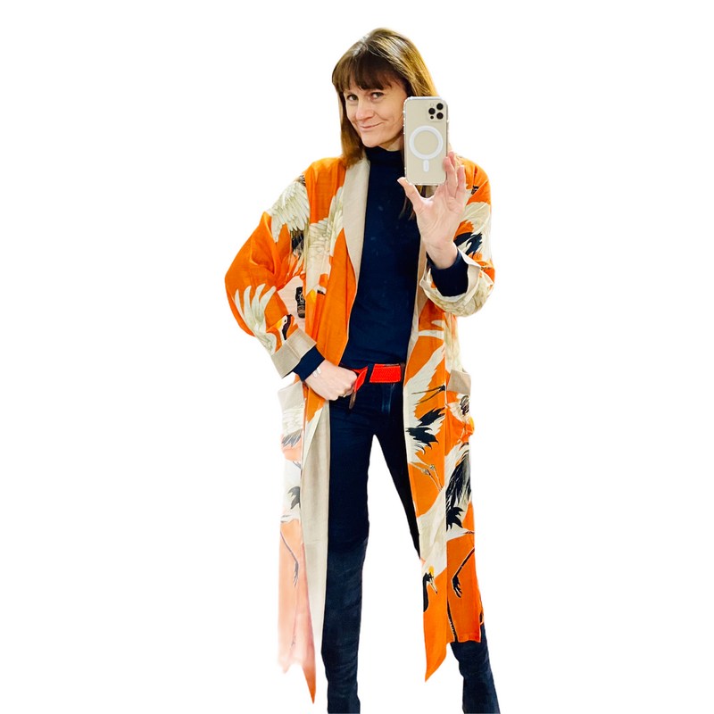 One Hundred Stars Dressing Gown with Stork Design on Orange