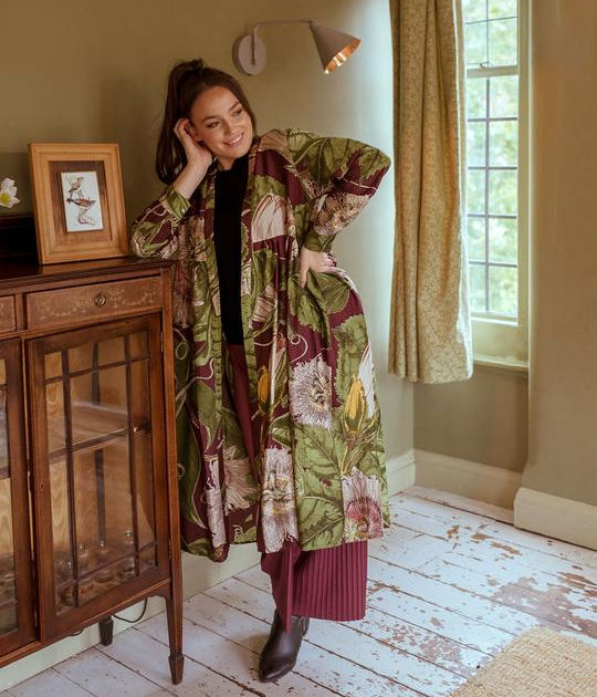 One Hundred Stars Passion Flower Burgundy Duster Coat on model 1