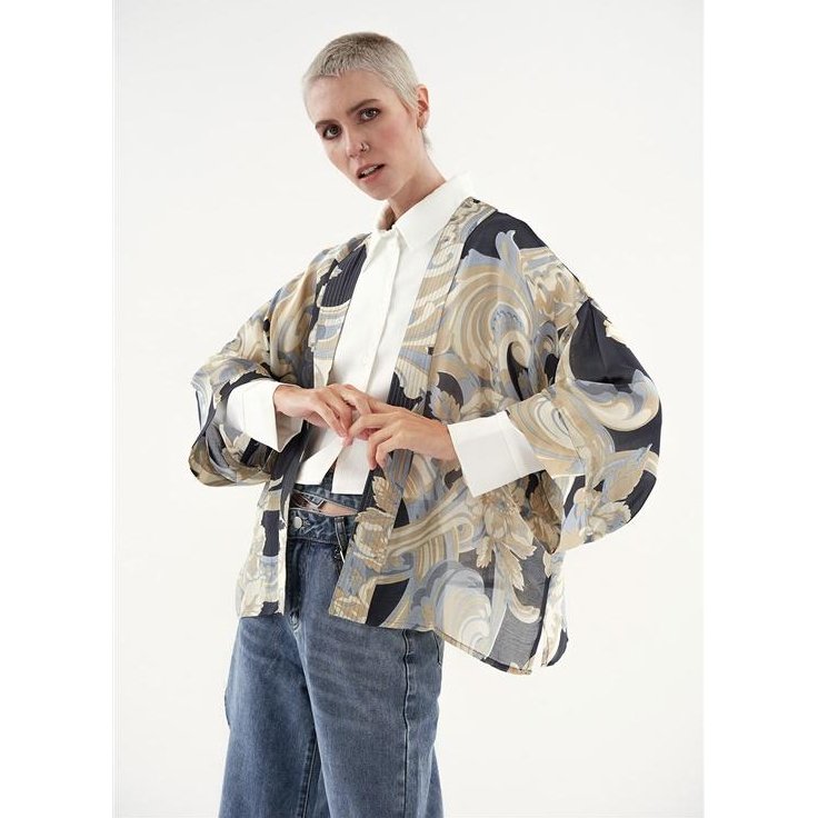 One Hundred Stars Plaster Roses Midnight Kimono on model