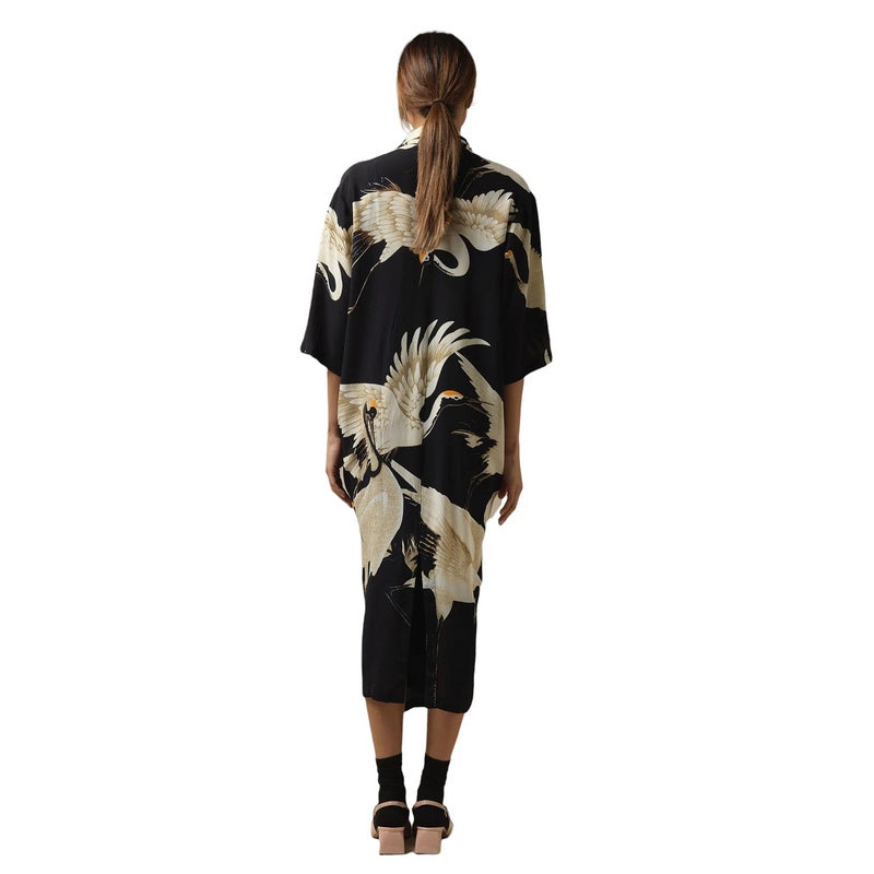 One Hundred Stars Stork Black Crepe Dress DRBSTOBLK on model back