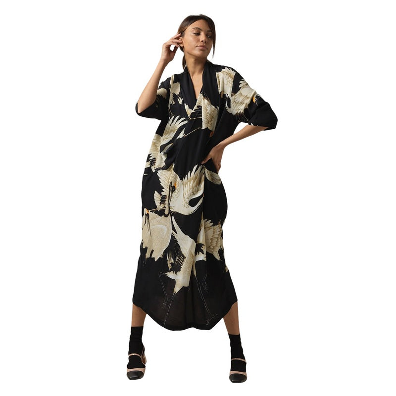 One Hundred Stars Stork Black Crepe Dress DRBSTOBLK on model front