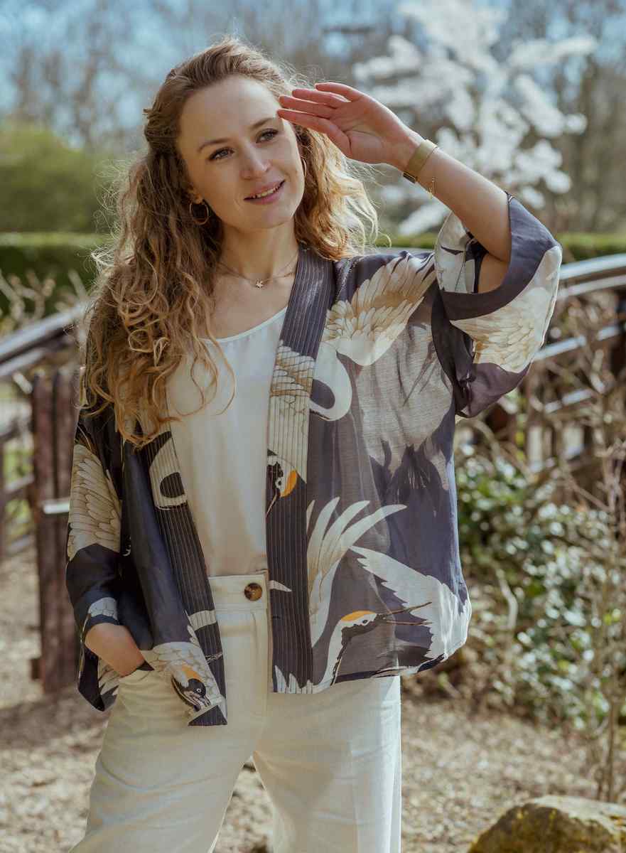 One Hundred Stars Stork Charcoal Kimono on model