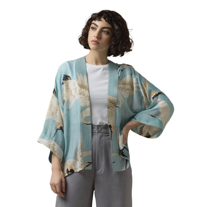 One Hundred Stars Stork Kimono Blue Sky KIMSTOSKY on model close-up