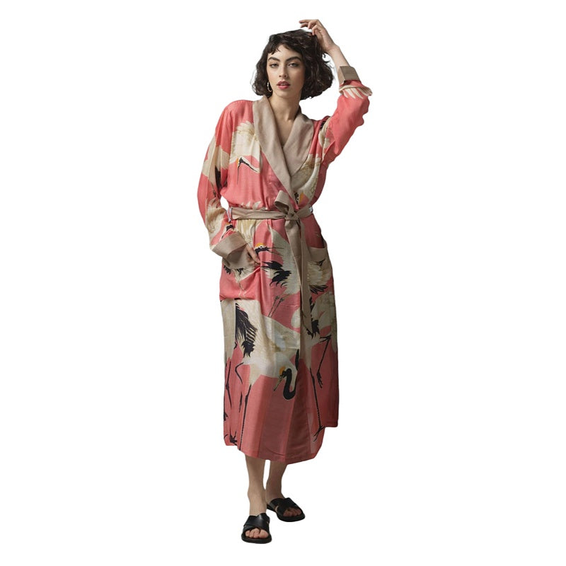 One Hundred Stars Stork Lipstick Pink Dressing Gown GWNSTOLIP on model arm raised
