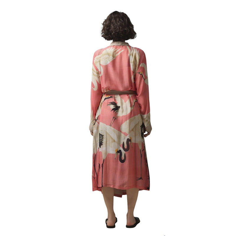 One Hundred Stars Stork Lipstick Pink Dressing Gown GWNSTOLIP on model back