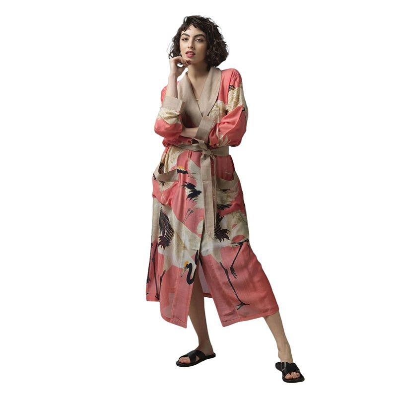 One Hundred Stars Stork Lipstick Pink Dressing Gown GWNSTOLIP on model main