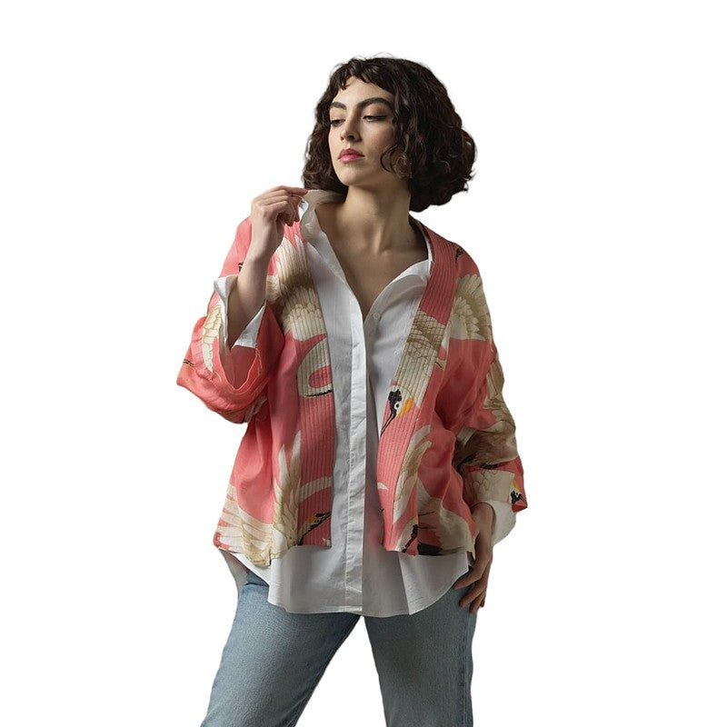 One Hundred Stars Stork Lipstick Pink Kimono on model front