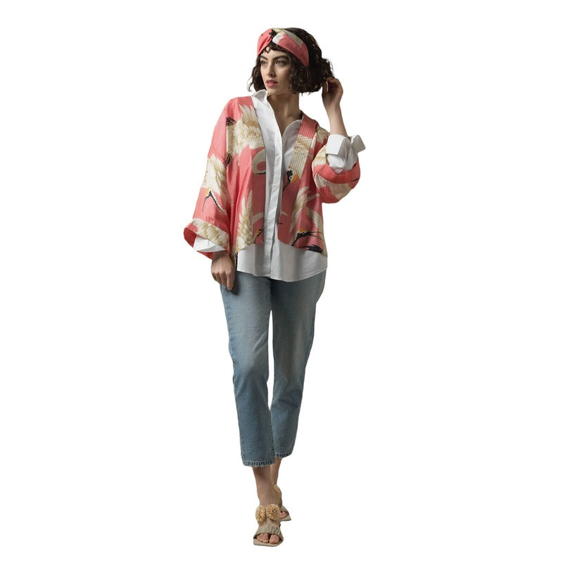 One Hundred Stars Stork Lipstick Pink Kimono on model main