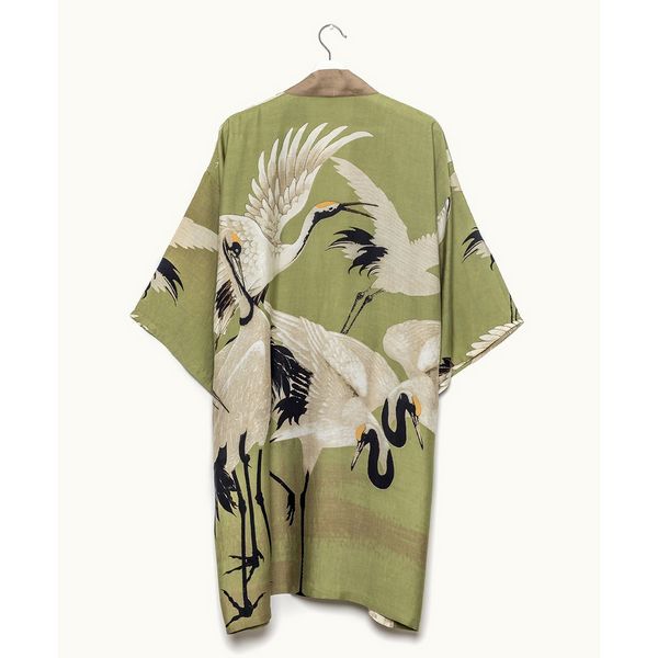 One Hundred Stars Stork Collar Kimono Green back
