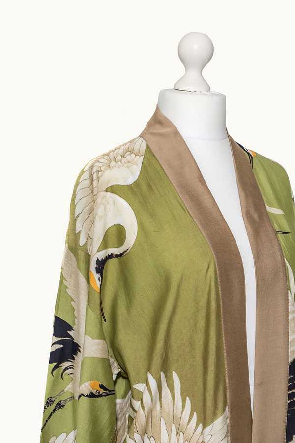 One Hundred Stars Stork Collar Kimono Green on mannequin detail