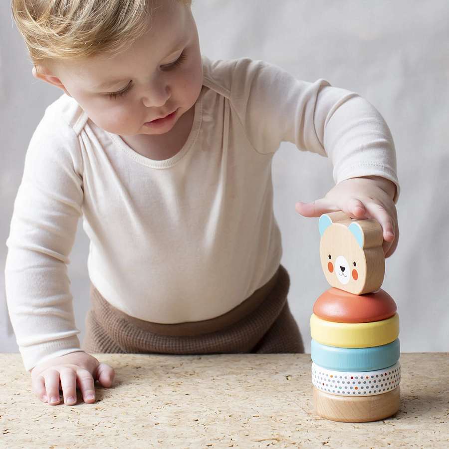Petit Collage Happy Bear Wooden Stacker Toy PTC456 with child