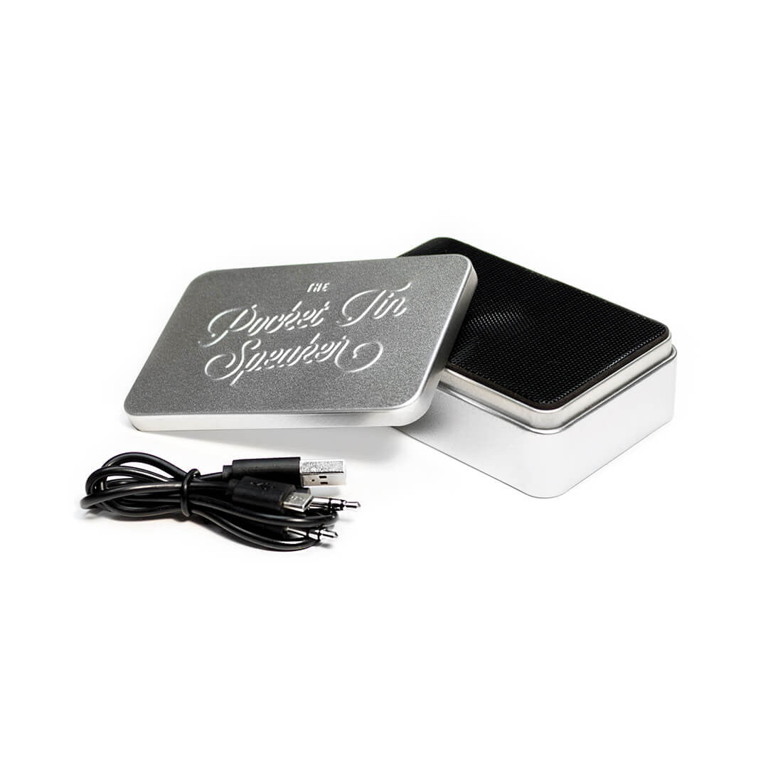 Pocket Tin Speaker showing cable