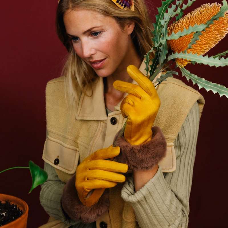 Powder Design Bettina Faux Suede Gloves Mustard BET29 on model