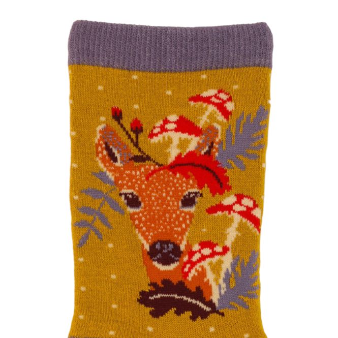 Powder Designs Bamboo Socks Doe & Toadstools Mustard SOC525 detail