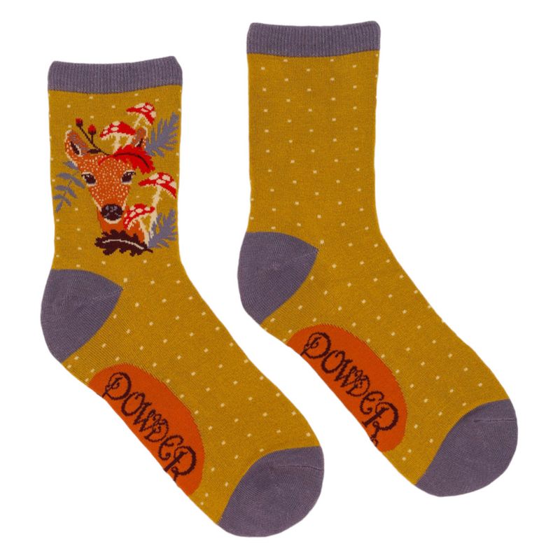 Powder Designs Bamboo Socks Doe & Toadstools Mustard SOC525 front and back
