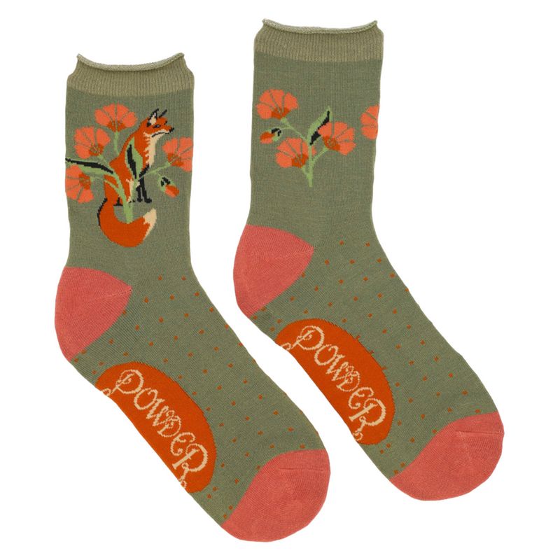 Powder Designs Bamboo Socks Fox In Meadow Sage SOC543 front and back