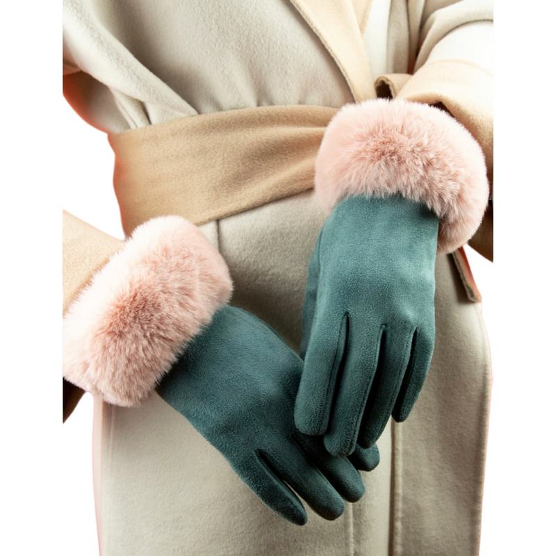 Powder Designs Bettina Faux Fur & Suede Gloves Denim & Petal BET42 on model with coat