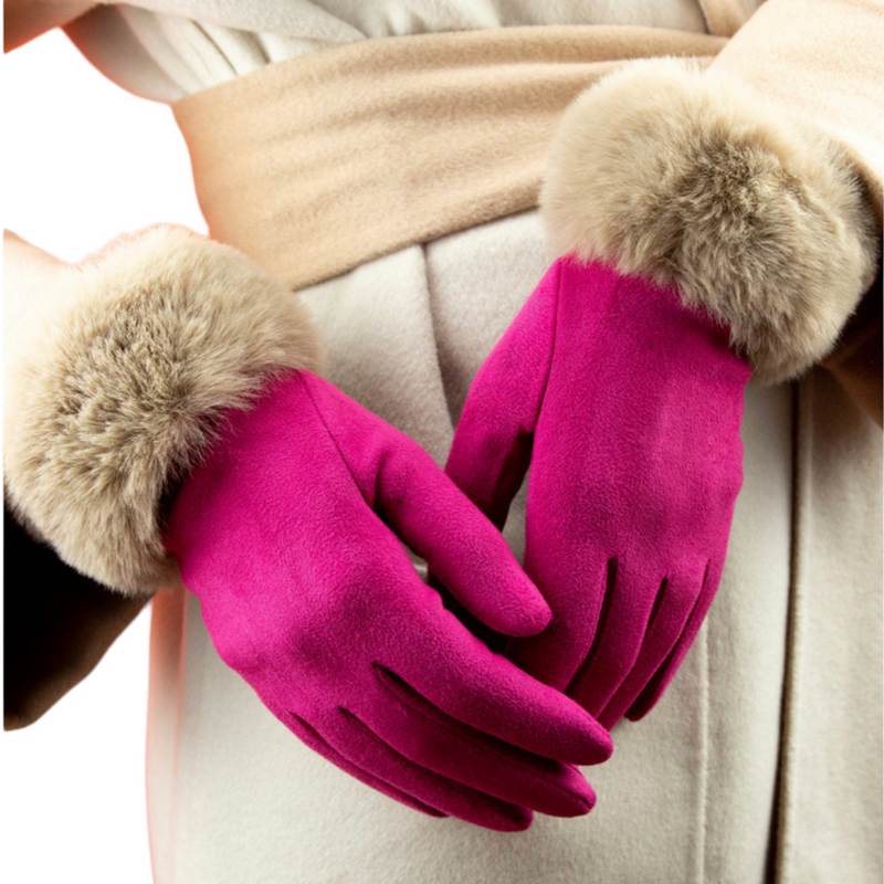 Powder Designs Bettina Faux Fur & Suede Gloves Fuchsia & Mist BET38 on model in coat