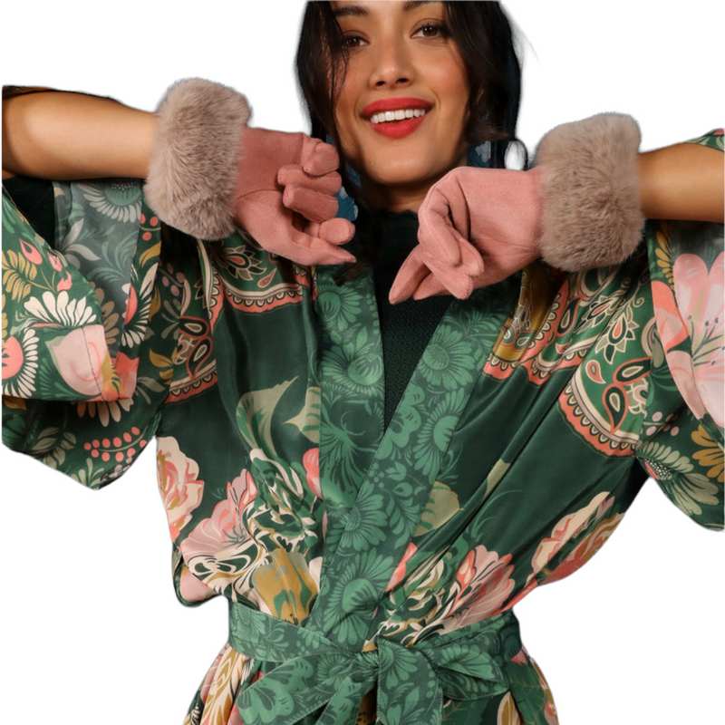 Powder Designs Bettina Faux Fur & Suede Gloves Petal & Mist BET41 on model