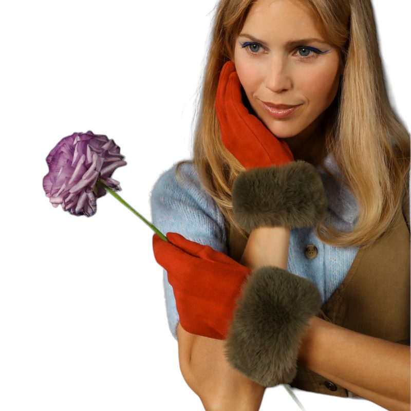 Powder Designs Bettina Faux Fur & Suede Gloves Rust & Olive BET36 on model