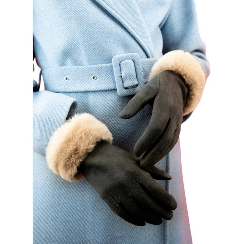 Powder Designs Bettina Faux Fur & Suede Gloves Slate & Pebble BET40 on model in coat