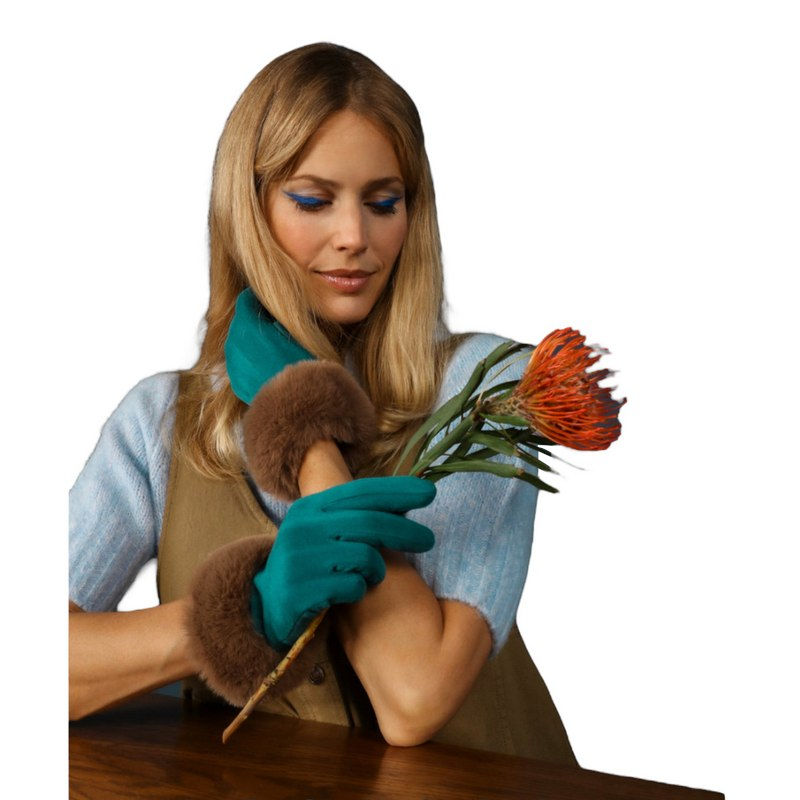 Powder Designs Bettina Faux Fur & Suede Gloves Teal & Teddy BET39 on model