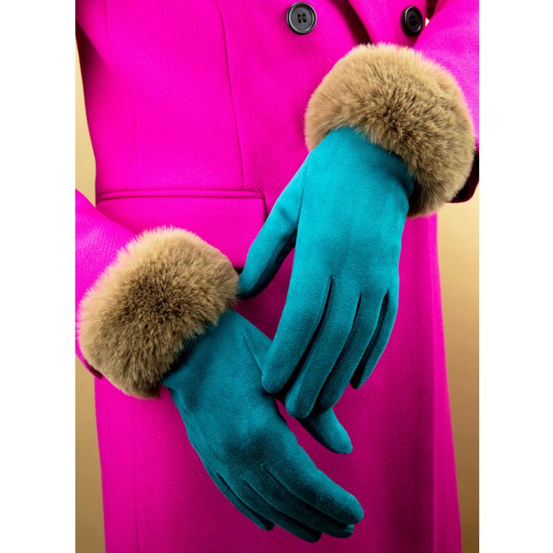 Powder Designs Bettina Faux Fur & Suede Gloves Teal & Teddy BET39 on model in pink coat