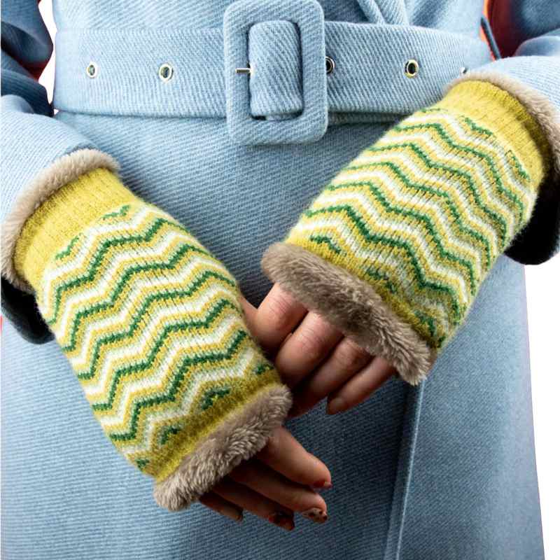 Powder Designs Cosy Wrist Warmers Zig Zag Mustard COS99 on model