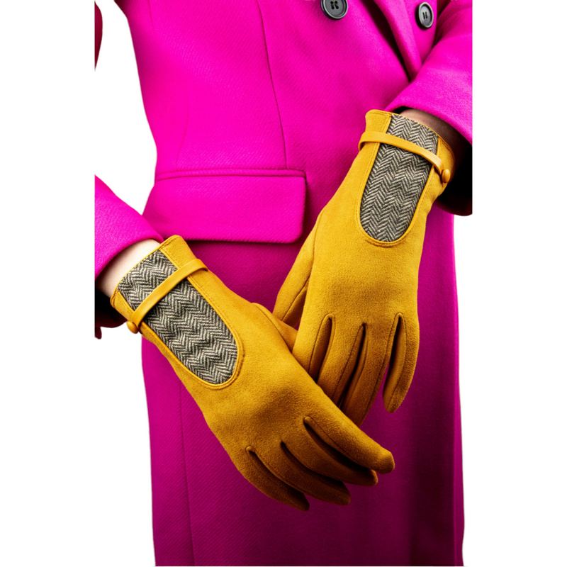 Powder Designs Genevive Faux Suede Gloves Mustard GEN12 on model in pink coat