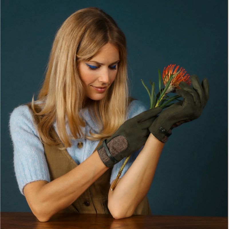 Powder Designs Genevive Faux Suede Driving Gloves Olive GEN11 on model