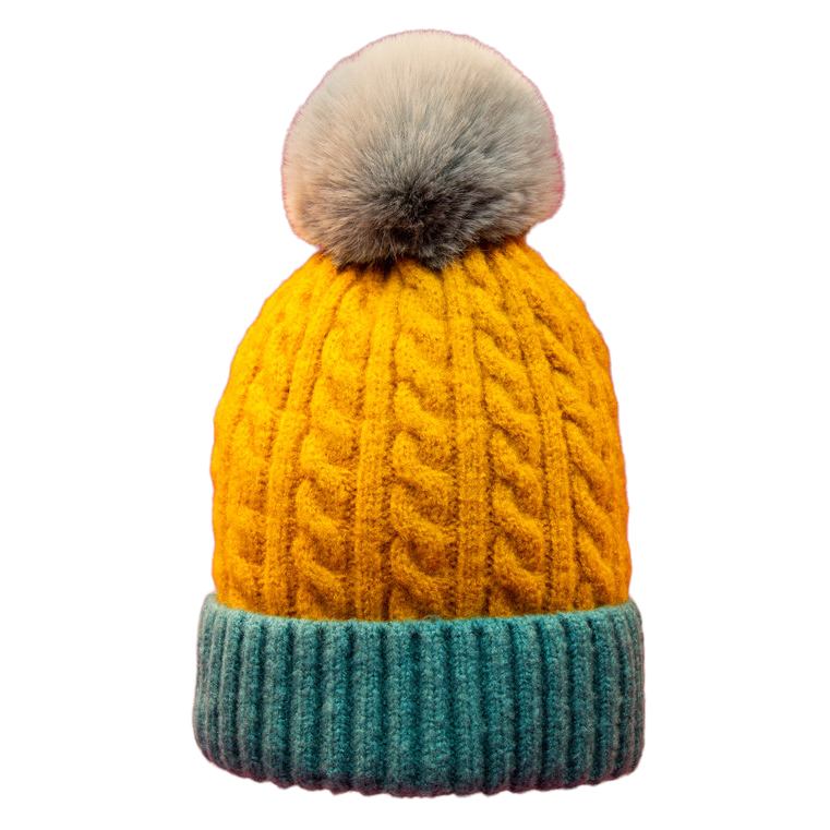 Powder Designs Greta Pompom Hat Mustard and Teal GRE4 front