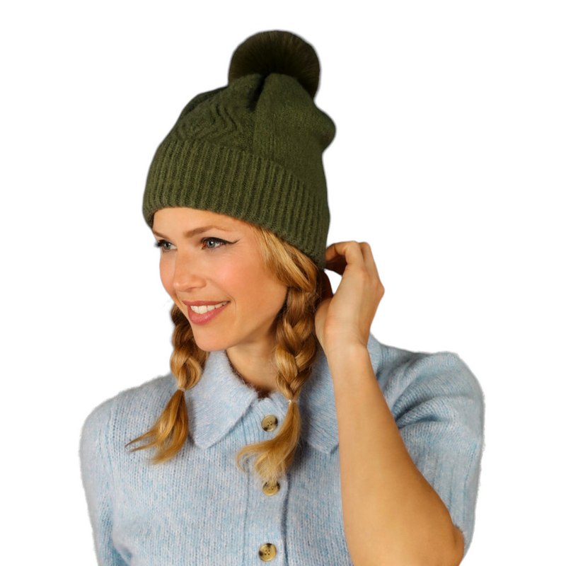 Powder Designs Ingrid Pompom Hat in Olive ING13 on model