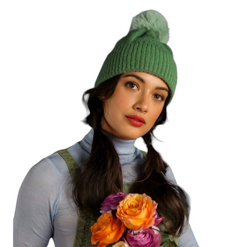 Powder Designs Ingrid Pompom Hat in Sage ING10 on model front