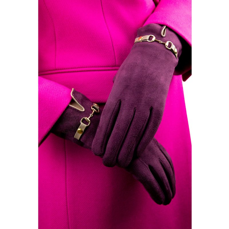 Powder Designs Kylie Faux Suede Gloves Damson KYL1 on model in pink coat