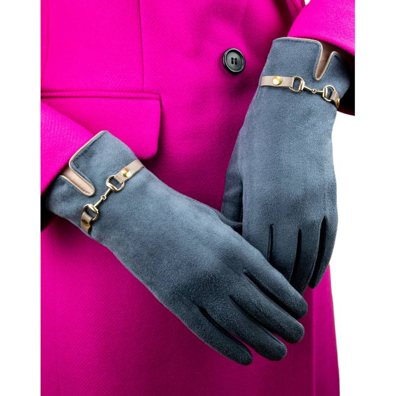 Powder Designs Kylie Faux Suede Gloves in Denim Blue KYL5 on model in pink coat