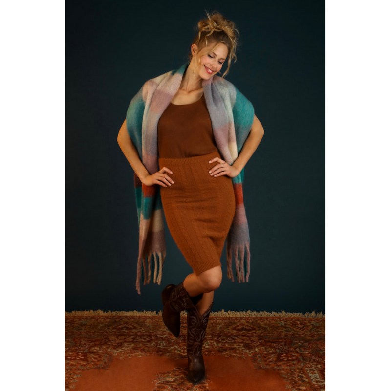 Powder Designs Maddie Cosy Scarf Damson & Teal MAD7 on model lifestyle
