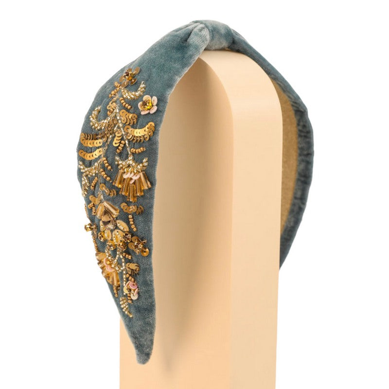 Powder Designs Velvet Embellished Headband Denim HDB50 on stand