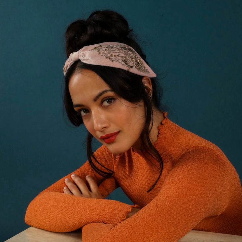 Powder Designs Wide Velvet Embellished Headband Petal HDB47 on model