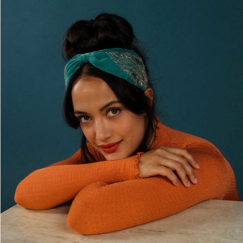Powder Designs Wide Velvet Embellished Headband Teal HDB46 on model