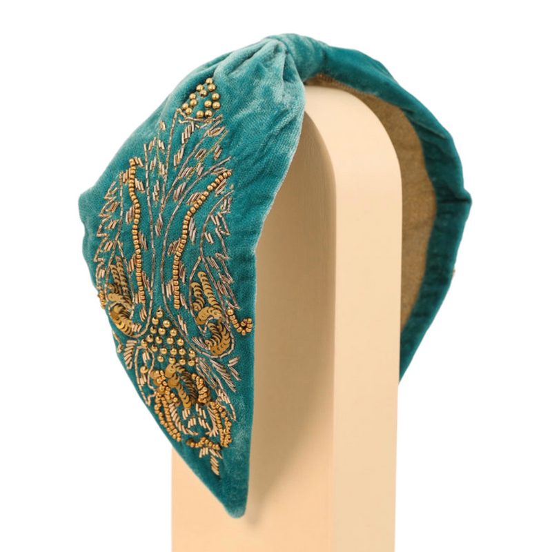 Powder Designs Wide Velvet Embellished Headband Teal HDB46 on stand