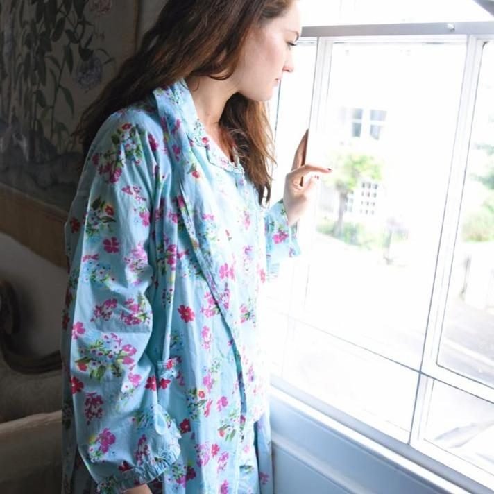 Powell Craft Blue Floral Ladies Dressing Gown SN183DG on model