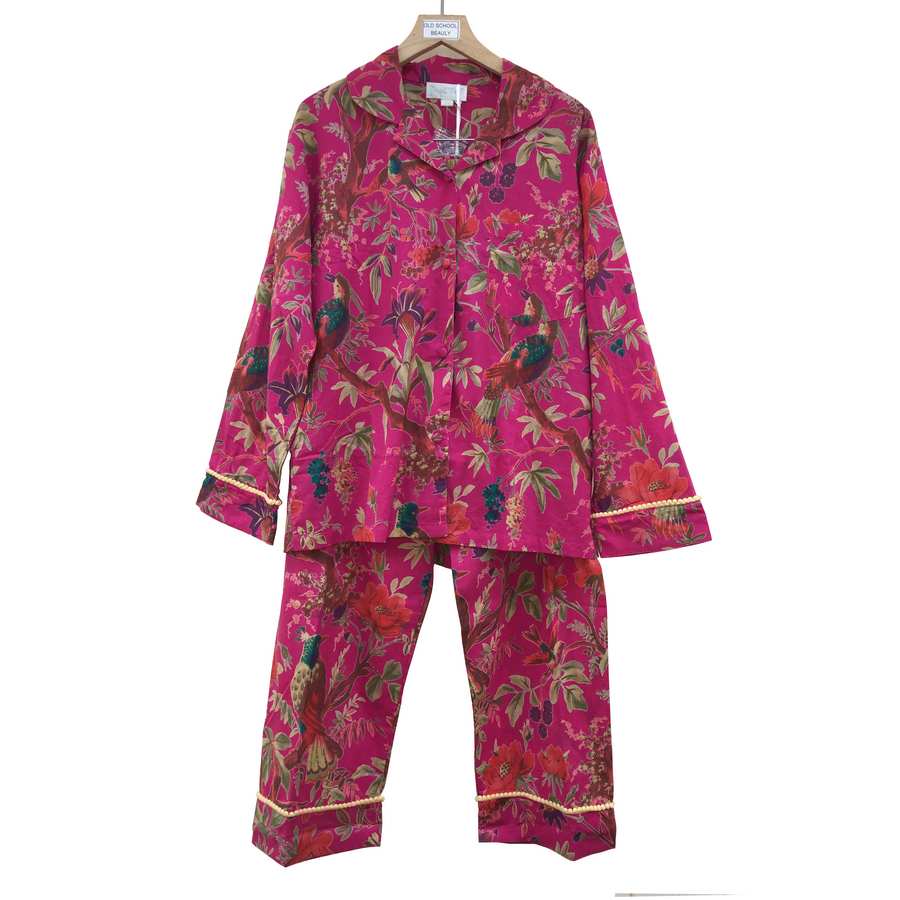 Powell Craft Hot Pink Birds Button-up Ladies Pyjamas front