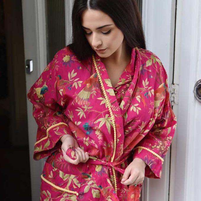 Powell Craft Hot Pink Birds Dressing Gown DG20 on model 1