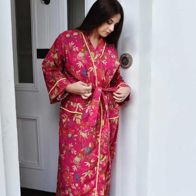 Powell Craft Hot Pink Birds Dressing Gown DG20 on model 2