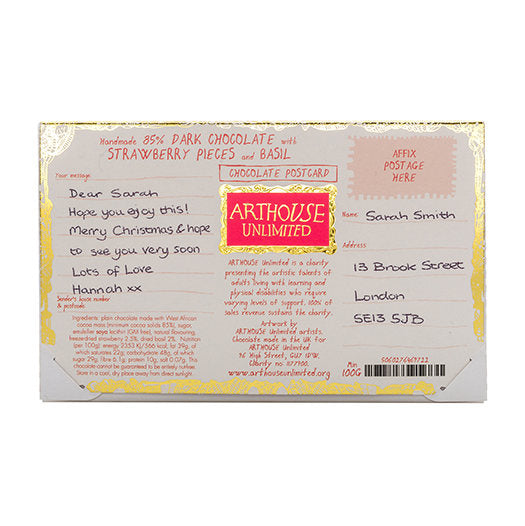 Rainforest Vibes Postcard Dark Chocolate with Strawberry Pieces and Basil back
