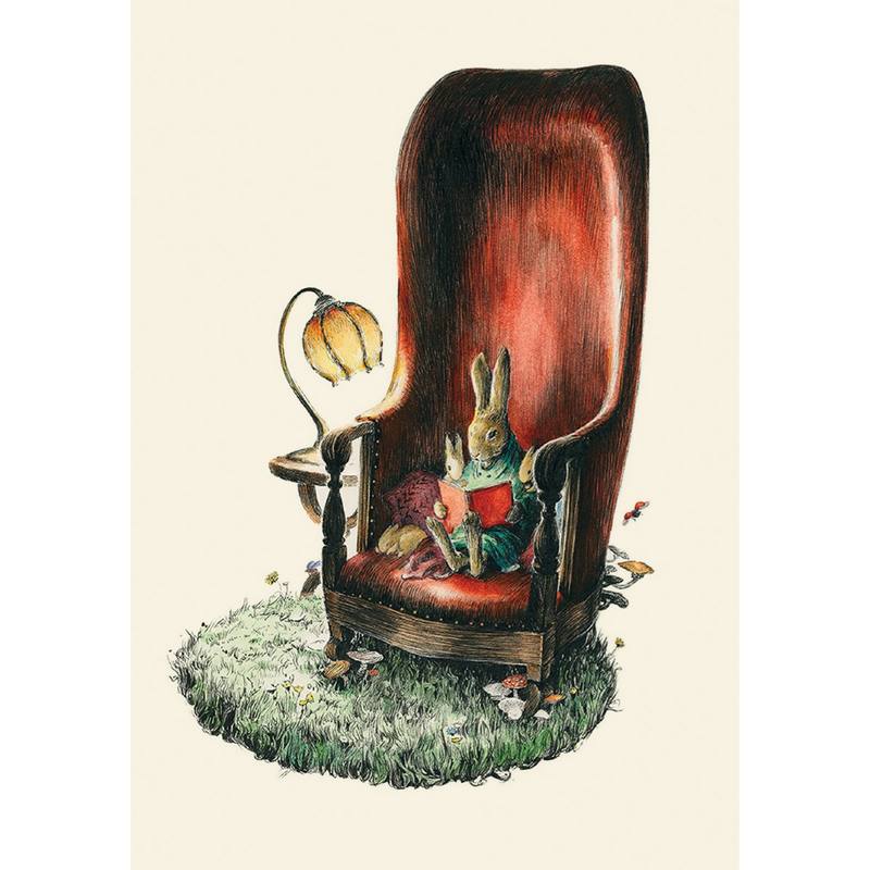 Roger La Borde Greetings Card Rabbit Family Reading In Tall Chair GCN374 front