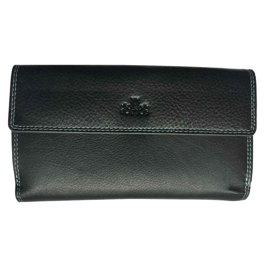 Rowallan Of Scotland Rainbow Black Leather RFID 18cm Tabbed Purse front