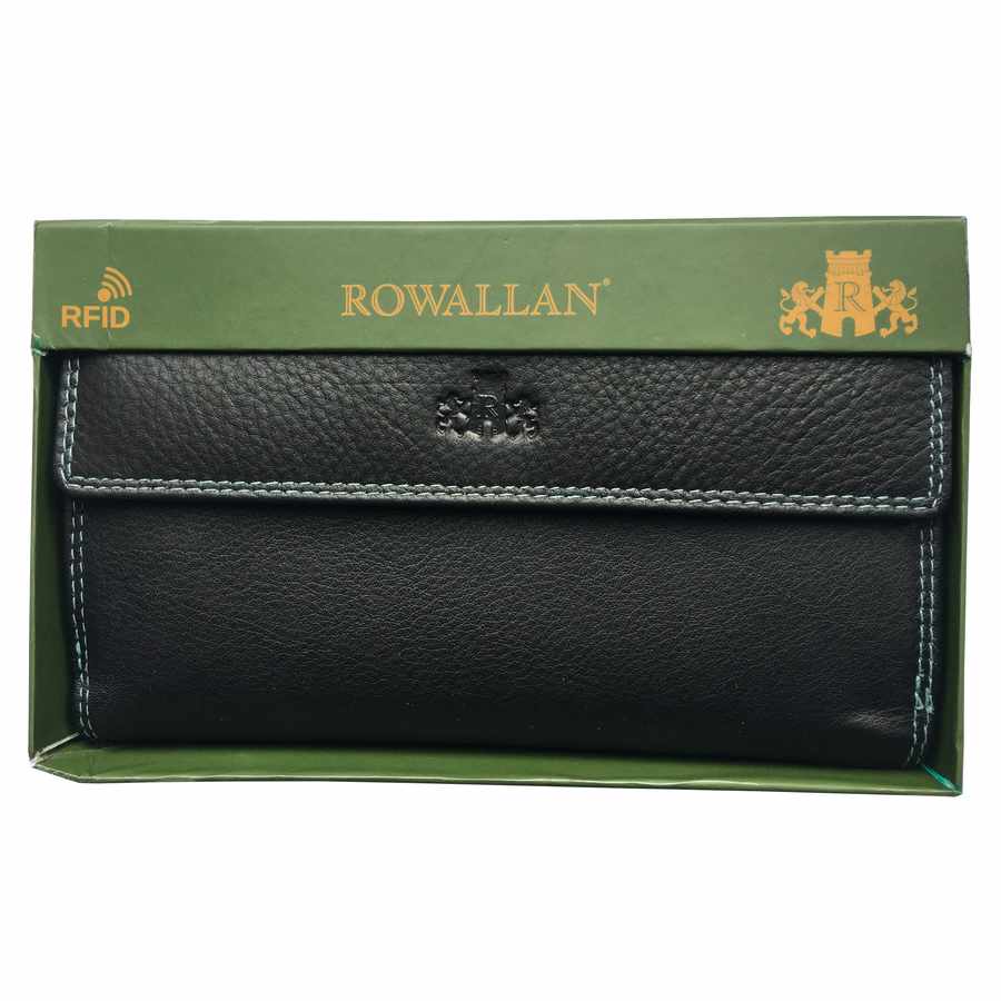 Rowallan Of Scotland Rainbow Black Leather RFID 18cm Tabbed Purse in box